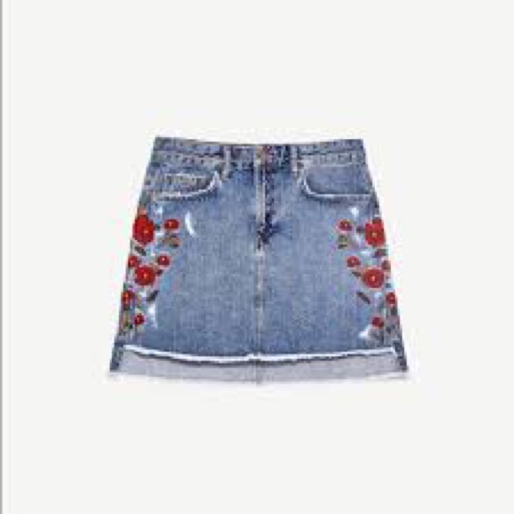 Zara Basic Z1975 Denim Floral Embroidered Skirt